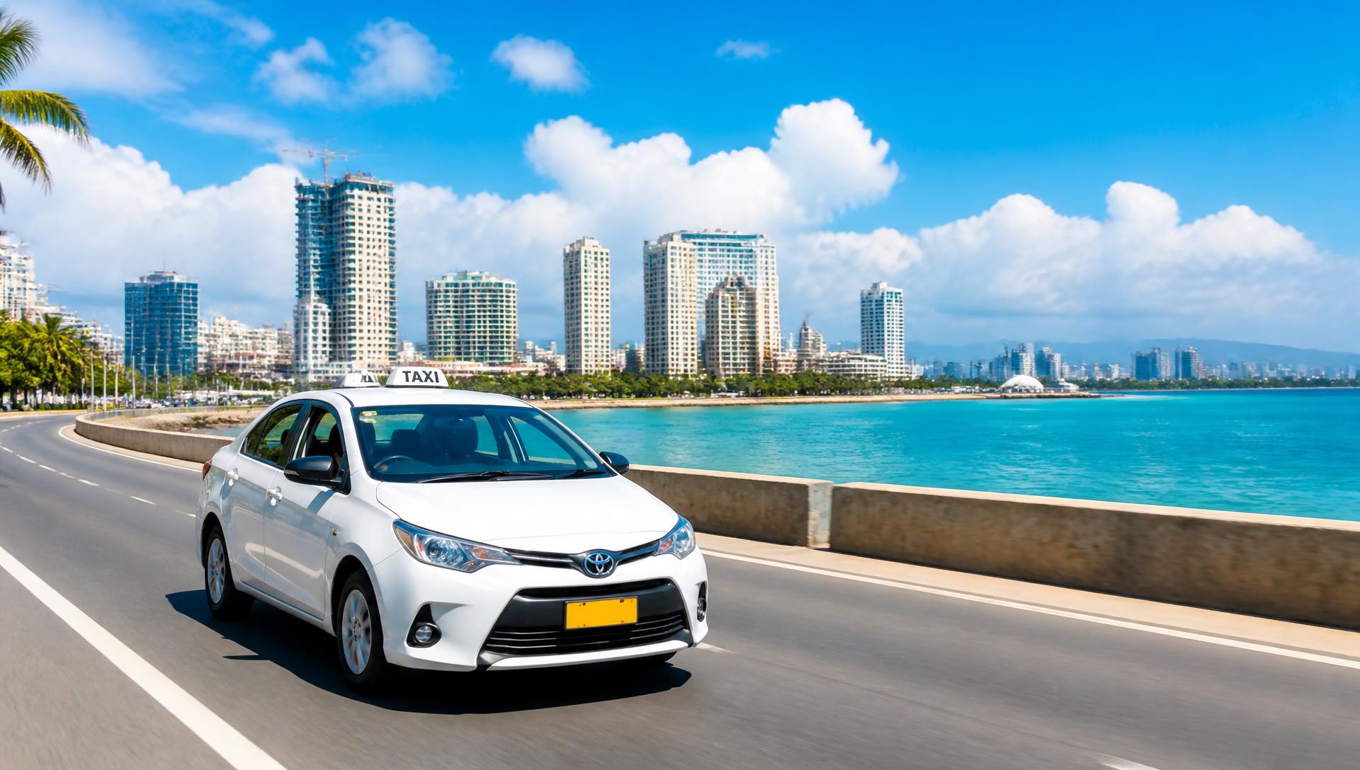 A white metered Cebu taxi driving along the sunny coastal highway with the Cebu City skyline and turquoise sea behind it